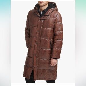 DKNY Mens Brown Faux Leather Long Snakesekin Quilted Fashion Coat Parka